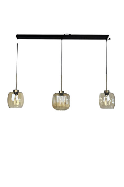 Bamyum Üçlü Lunex Cam Bal Rengi Avize İnce Eskitme Başlık Sarkıt Yemek Masası Üstü Iç Mekan Cafe Otel