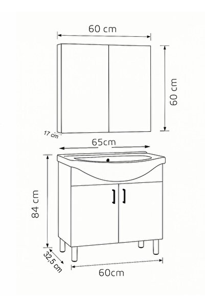 makbulce 65 cm Beyaz MDF Seramik Lavabolu Ayaklı Aynalı Banyo Dolabı