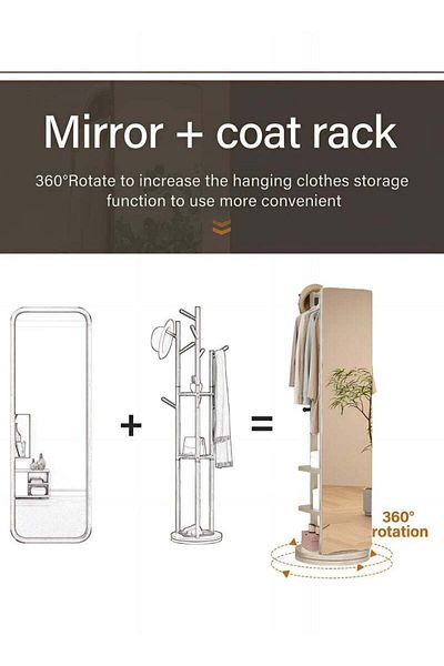 Taimi 360 Degree Rotating Floor Mirror and 2 in 1 Coat Rack for Bedroom and Living Room 166x56cm Grey