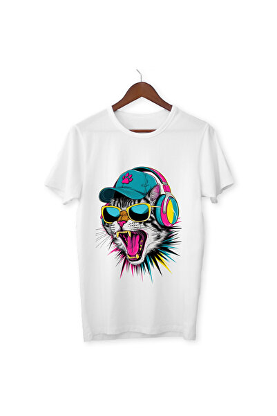 ALPŞAN TİCARET Παιδικό μπλουζάκι με στάμπα γάτας για ενήλικες Λευκό μπλουζάκι...