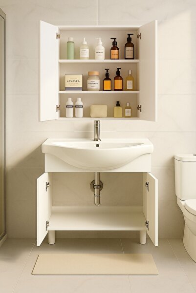 makbulce 65 cm Beyaz MDF Seramik Lavabolu Ayaklı Aynalı Banyo Dolabı