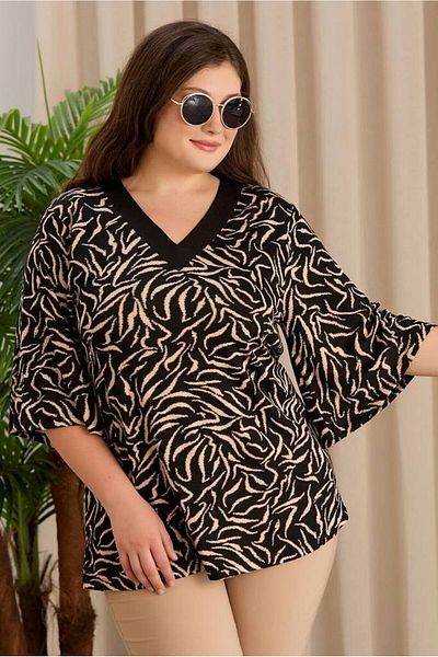 FOR ESRA BIG TREND Women's Plus Size V Neck Patterned Sleeve Flounced Stretchy Viscose Blouse