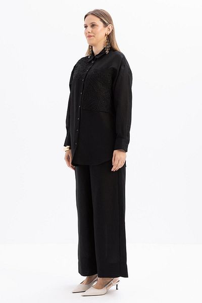 ALLDAY Black-Embroidery Detailed Linen Trousers Suit