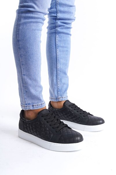 EBRUS TREND Et166 Prestige Lace-Up Leather Quilted Patterned Men's Casual Sneaker Shoes Bt - Black