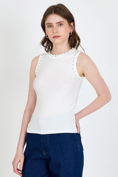 Rays Ecru Collar and Shoulder Stone Detailed Ribbed Knitted Athlete 1249