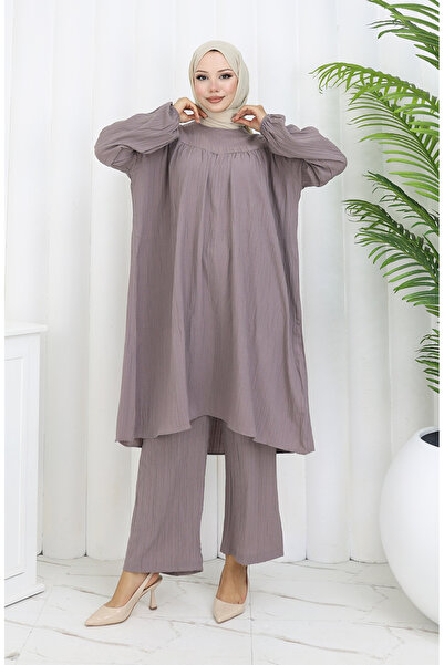 sefamerve Drawstring Tunic Trousers Double Suit 2089-03 Mink