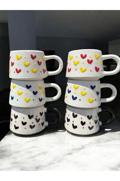 BB TRADE Handmade Set of 6 Yellow Navy Blue Red Black Heart Ceramic Mug