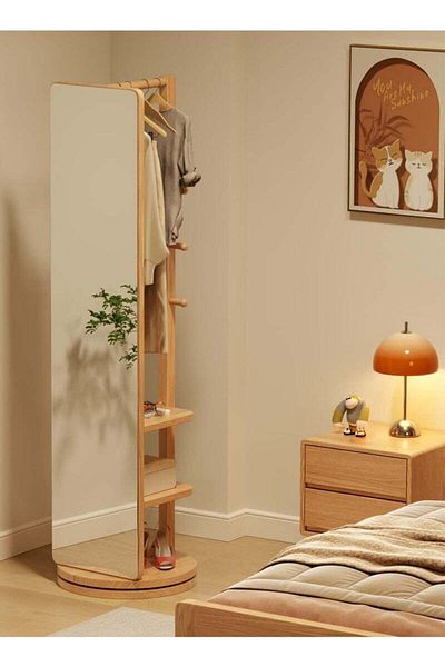 Taimi 360 Degree Rotating Floor Mirror and 2 in 1 Coat Rack for Bedroom and Living Room 166x56cm Beige