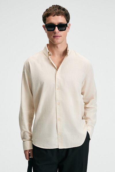 GRIMELANGE Yordi Men's Shirt Collar Cuff Flared Oxford Fabric Regular Fit Cream Shirt