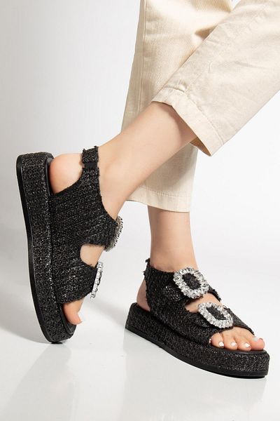 Dilimler Ayakkabı Women's Wedge Heel Sandals Black Double Strap Straw Material Stone Buckle