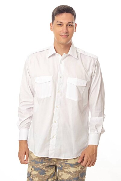 İZMİR ASKERİ MALZEME قميص أمان مخصص بأكمام طويلة وجيب مزدوج باللون الأبيض