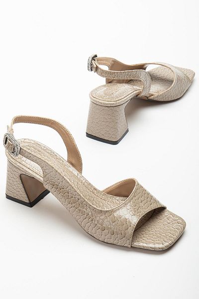 Dilimler Ayakkabı Women's Heeled Sandals Shoes Mink Patent Leather Crocodile Printed Tan Stone Buckle
