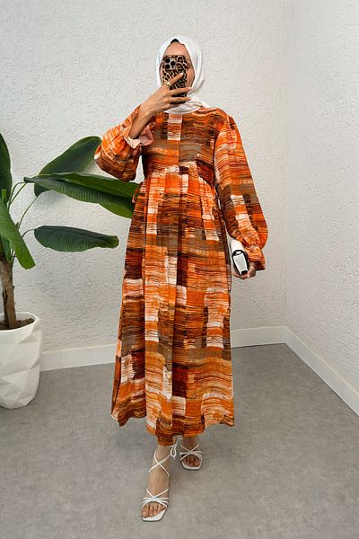Salih Çelebi Mixed Pattern Hijab Dress 2328 - Orange