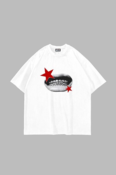 Bak Moda Tricou alb unisex oversize cu imprimeu Teeth Star