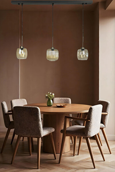 Bamyum Üçlü Lunex Cam Bal Rengi Avize İnce Eskitme Başlık Sarkıt Yemek Masası...