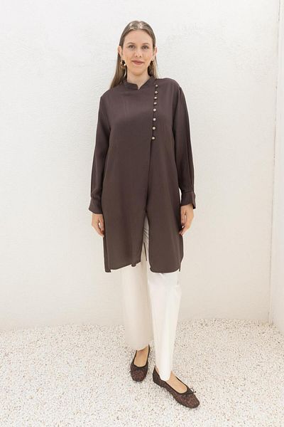 ALLDAY Coffee-Half Patched Slit Linen Tunic