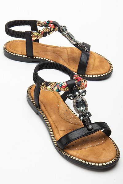 Dilimler Ayakkabı Women's Flat Heeled Sandals Black Stone Buckle Tekband Knitted Helmet
