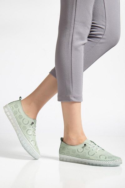 Dilimler Ayakkabı Genuine Leather Women's Casual Shoes Green Laser Printed Elastic Lace-Up Gel Sole