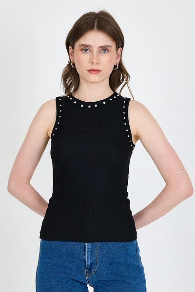 Rays Black Collar and Shoulder Stone Detailed Ribbed Knitted Athlete 1249