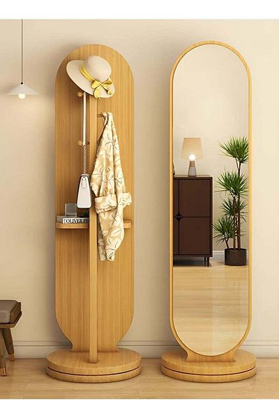 Taimi 360 Degree Rotating Mirror with Clothes Hanger and Storage Shelf for Bedroom Wood Color 166x46cm