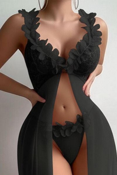 Nana & Mayka Moda Nana Mayka Fashion Women's Black Tulle Nightdress Set – Laser Cut Flower Collar, Thong, Transparent, 2 Pieces