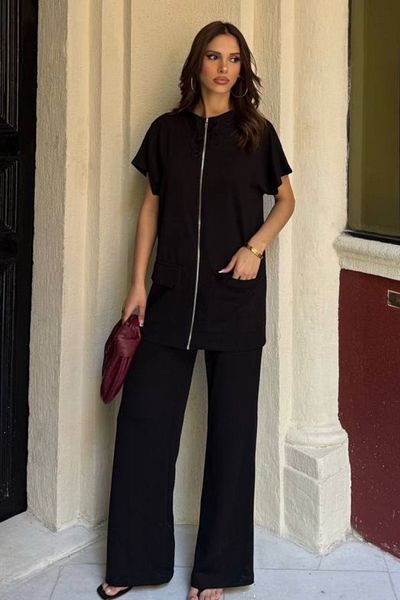 Ded COLLECTION Women's Zippered Long Length Pocket Detailed Short Sleeve Top Wide Leg Pants Sports Suit