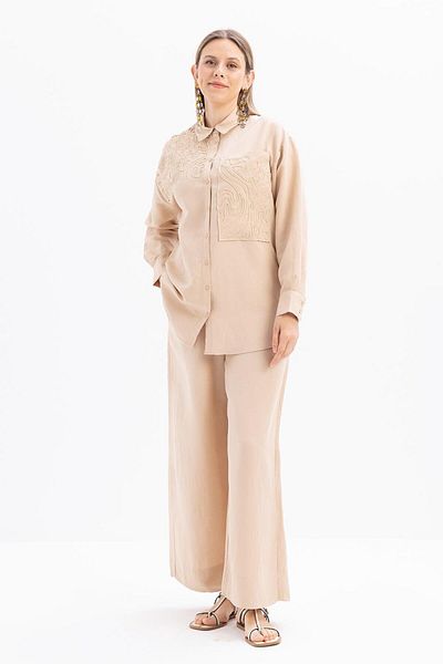 ALLDAY Beige-Embroidery Detailed Linen Trousers Suit