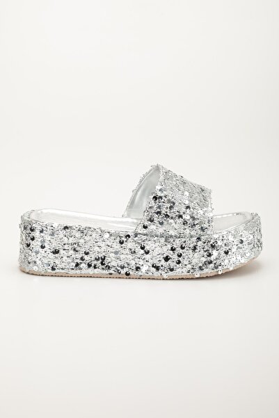 Dilimler Ayakkabı Γυναικείες παντόφλες με τακούνι με πέταλο Ασημένια παγιέτα Χοντρή επιμεταλλωμένη σόλα μονής ζώνης