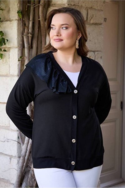 FOR ESRA BIG TREND Γυναικεία ζακέτα μεγάλου μεγέθους με λαιμόκοψη V με λεπτομέρεια με κουμπιά ελαστική βισκόζη