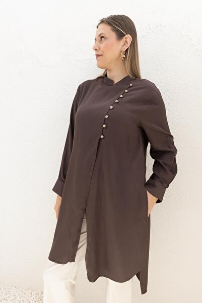 ALLDAY Λινό τουνίκ με σχισμή σε καφέ-μισό πατάκι