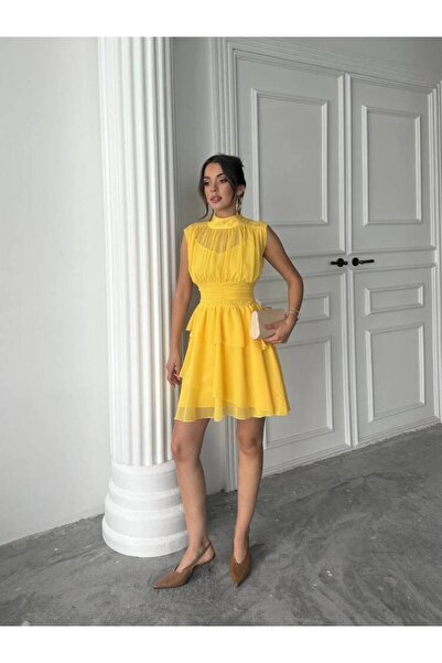 MAXMOOR Kadın Sarı Sıfır Kol Mini Şifon Tül Elbise