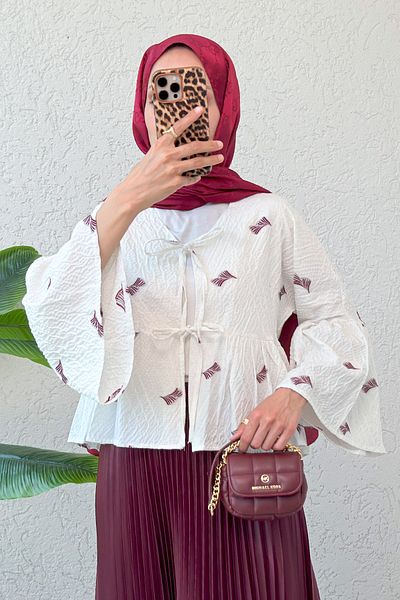 Salih Çelebi Bush Pattern Midi Kimono 2336 - Claret Red
