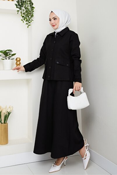 Bestenur Bellows Pocket Shirt Skirt Double Set 1551 - Black