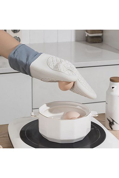 PUFO Mănușă de bucătărie din silicon pentru grătar sau cuptor, căptușită, 30 cm, gri/albastru