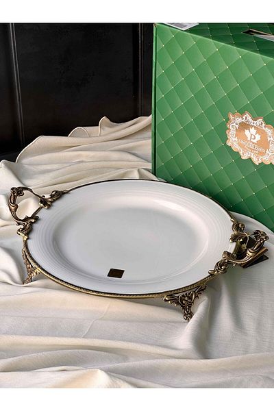 ROSSEV Antique White Round Plate with Handle 31cm