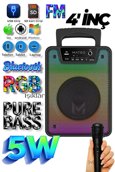 MATEO Bluetooth Hoparlör Karaoke Parti hoparlörü Mikrofonlu, led Rgb Işıklı, Ses Bombası Usb Sd girişli