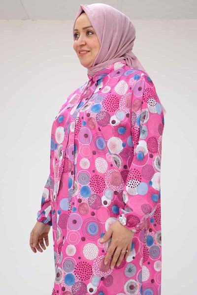 Eslina 58023 Large Size Collar Tie Jesica Tunic - Circle Pattern Fuchsia