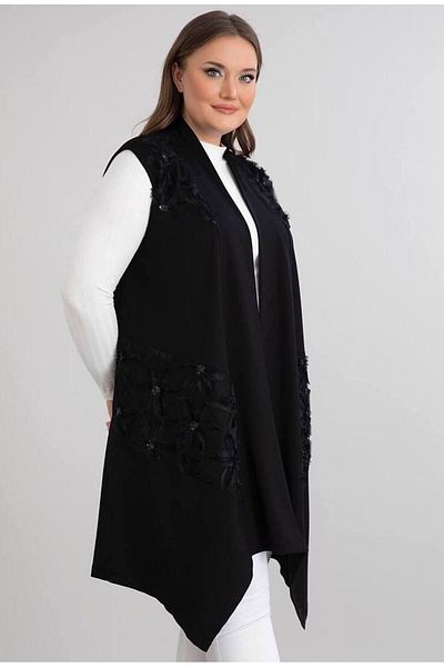 FOR ESRA BIG TREND Women's Plus Size Floral Tulle Applique Bias Cut Long Viscose Knitted Vest