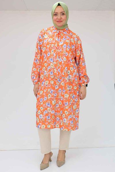 Eslina 58023 Plus Size Jesica Tunic with Tie Collar - Floral Tile