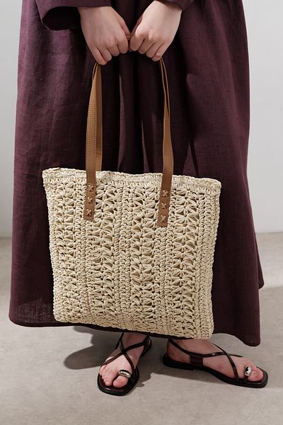 Manuka Patterned Wicker Shoulder Bag Beige