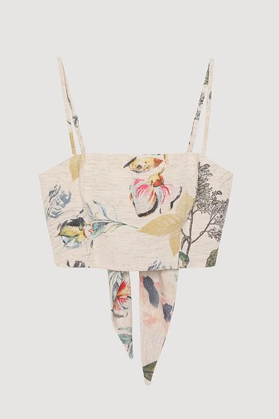 Quzu Bluză de damă crop bej cu model floral cu bretele de legare la spate BLZ00556
