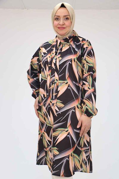 Eslina 58023 Large Size Collar Tie Jesica Tunic - Leaf Pattern Black