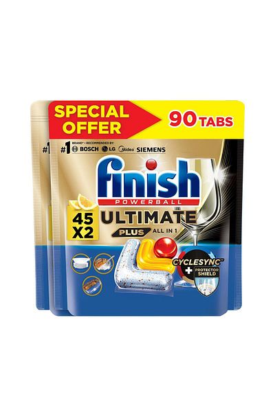 Finish Powerball Ultimate Plus All In 1 Dishwasher Detergent Lemon Scent 2 x 45 pcs
