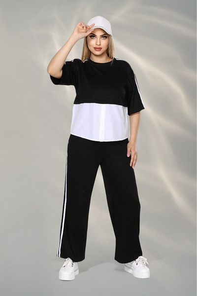 NEWCO Women's Sporty-Chic Suit – Button Detailed Top & Side Stripe Pants