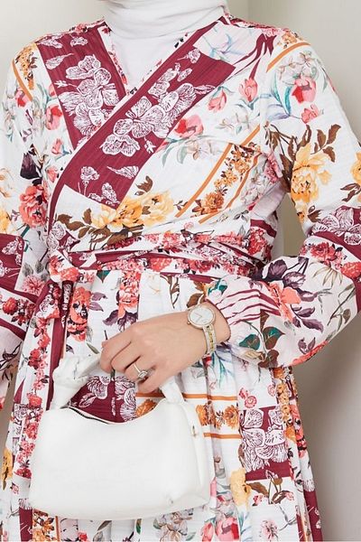 Bestenur Floral Pattern Blouse Skirt Double Set 1466 - Claret Red