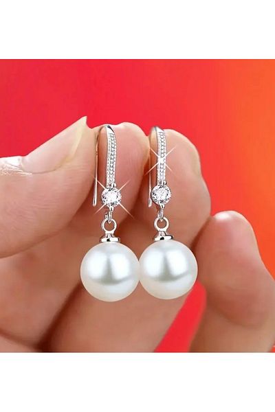 ER TAKI Silver Color Round Pearl Hook with Stones Stylish Engagement Henna Wedding Wedding Evening Dress Earrings