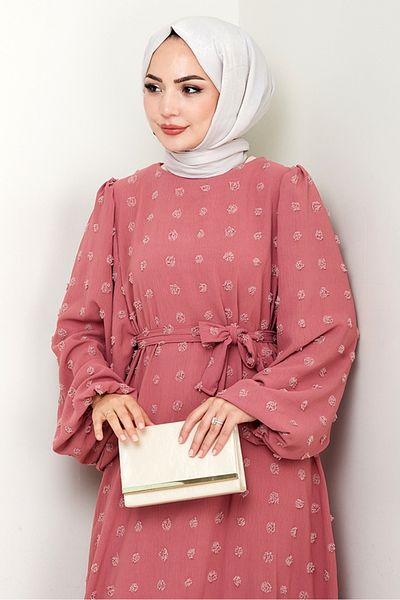Bestenur Φόρεμα Ayrobin με λεπτομέρεια πομπόν με ζώνη 1538 - Dusty Rose