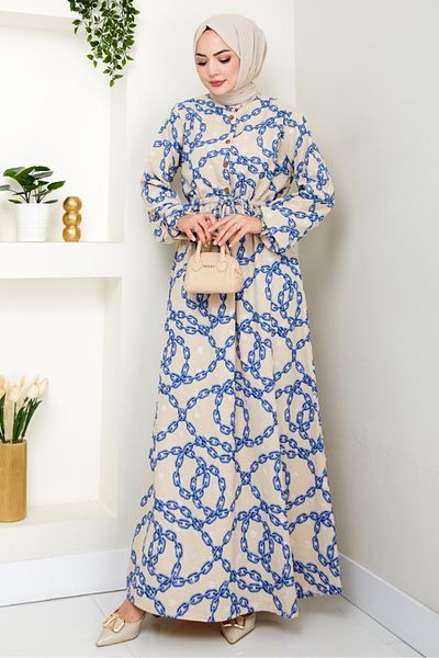 Bestenur Φόρεμα με μοτίβο αλυσίδας Pompom Ayrobin 1540 - Indigo