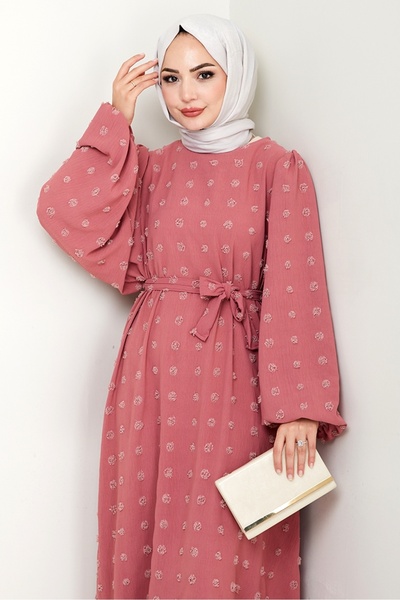 Bestenur Φόρεμα Ayrobin με λεπτομέρεια πομπόν με ζώνη 1538 - Dusty Rose