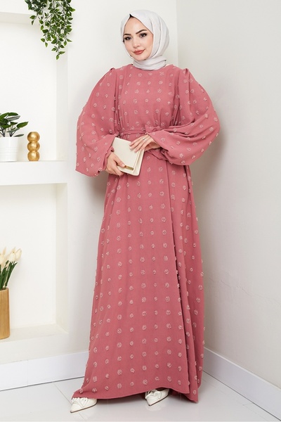Bestenur Φόρεμα Ayrobin με λεπτομέρεια πομπόν με ζώνη 1538 - Dusty Rose